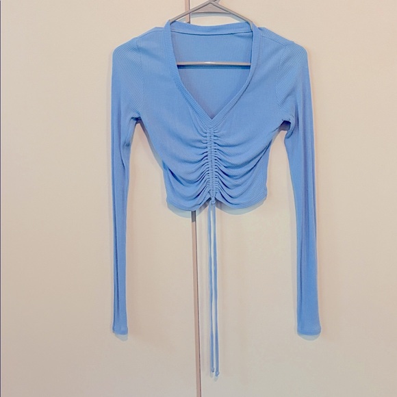 ALO Yoga Cinched Ruched Crop Top Front Tie Ribbed, XS in blue tile EUC - Picture 2 of 5